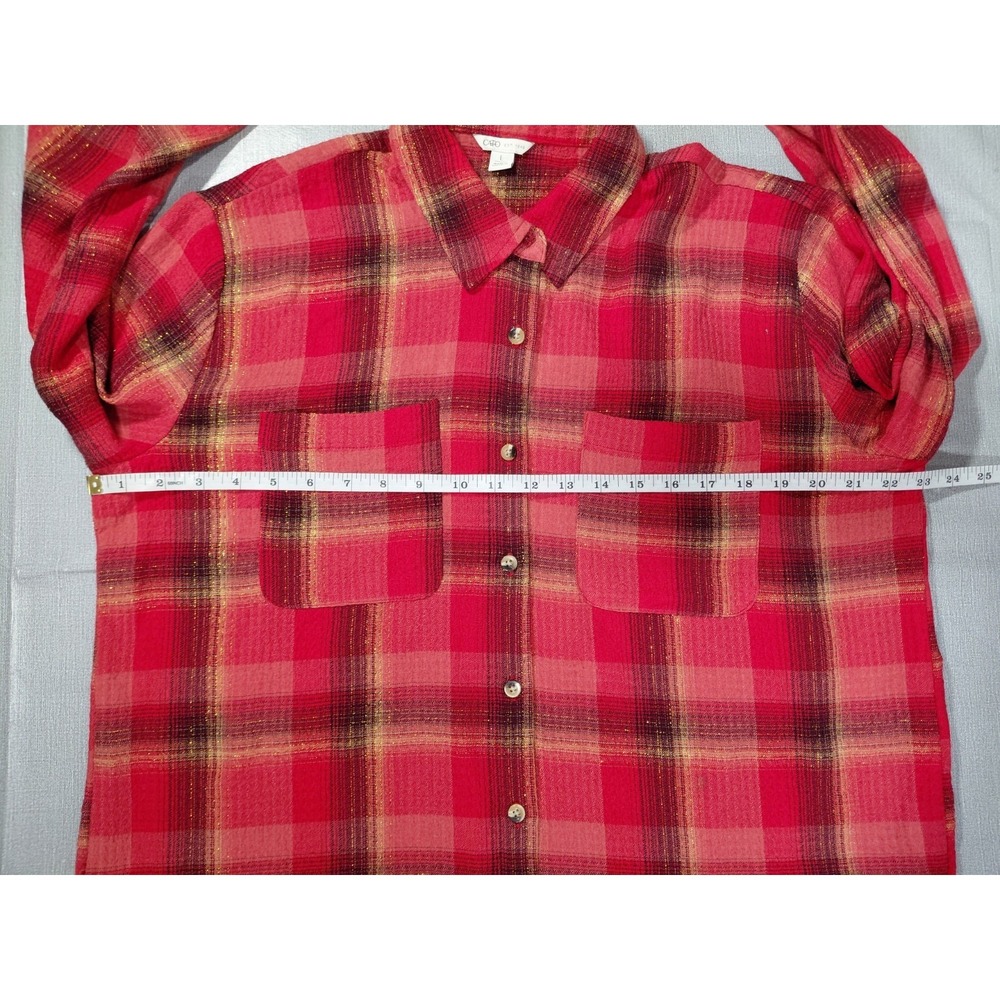 Cato Plaid Shirt Dress LG Red Gold Metallic Waffle Weave Long Sleeve - Picture 8 of 13